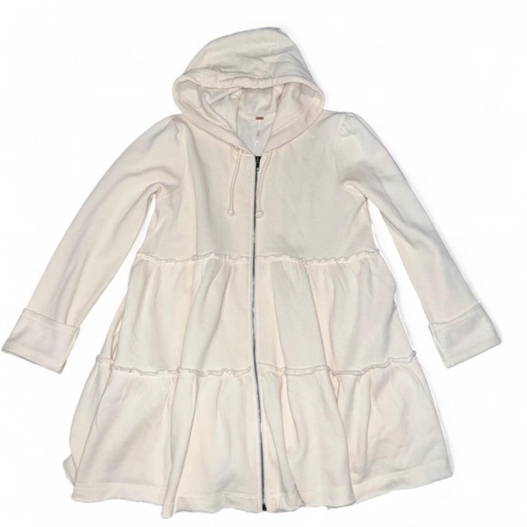 Free People Cream/Pink Hooded Tiered Zip-Up Jacket